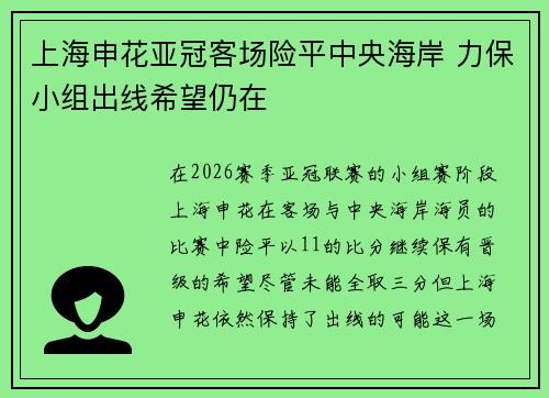 上海申花亚冠客场险平中央海岸 力保小组出线希望仍在 上海申花亚冠客场险平中央海岸 力保小组出线希望仍在