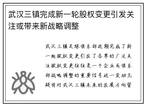 武汉三镇完成新一轮股权变更引发关注或带来新战略调整 武汉三镇完成新一轮股权变更引发关注或带来新战略调整